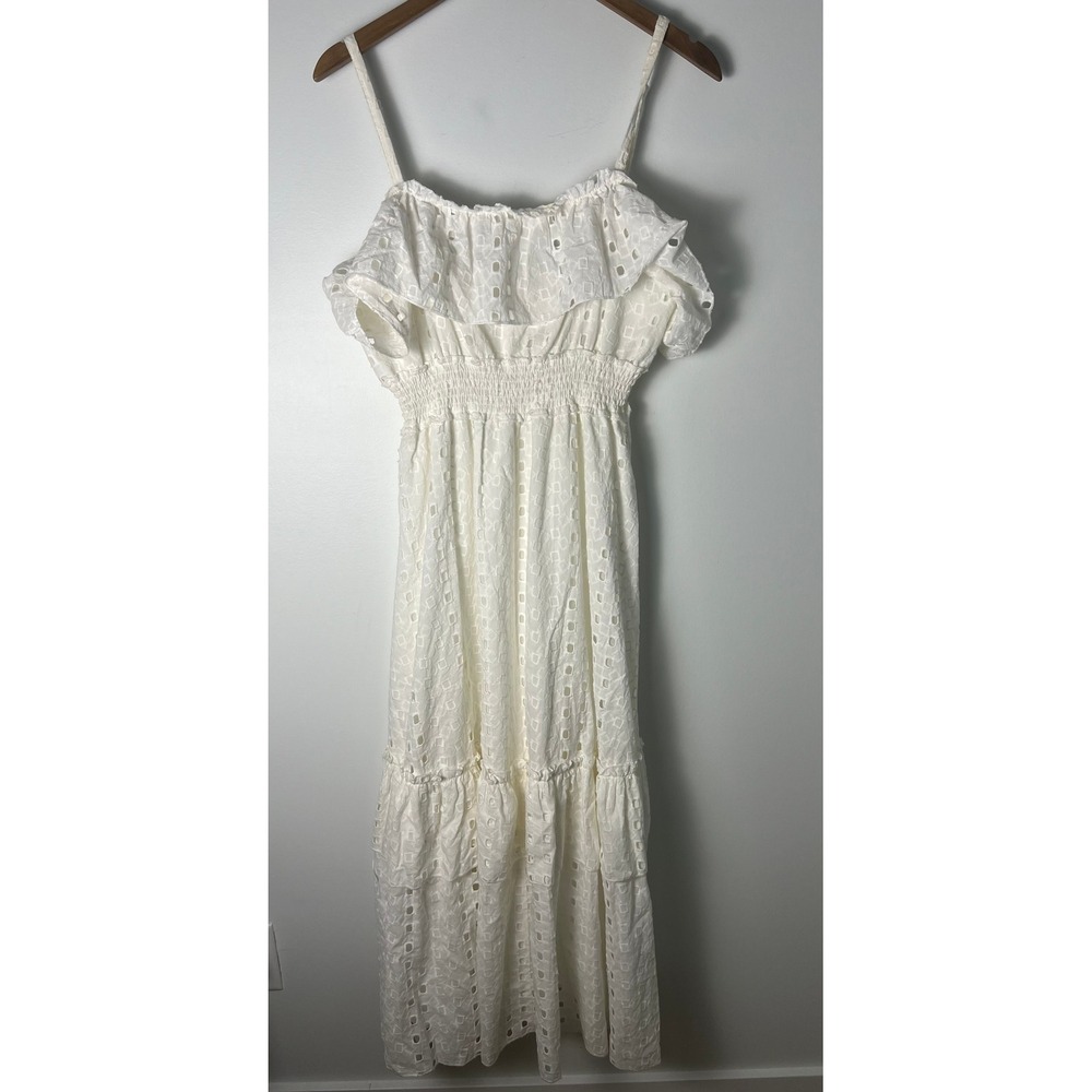 AQUA Eyelet Maxi Dress Wm M White Ruffle Smocked‎ Tiered Cotton Cottagecore Boho